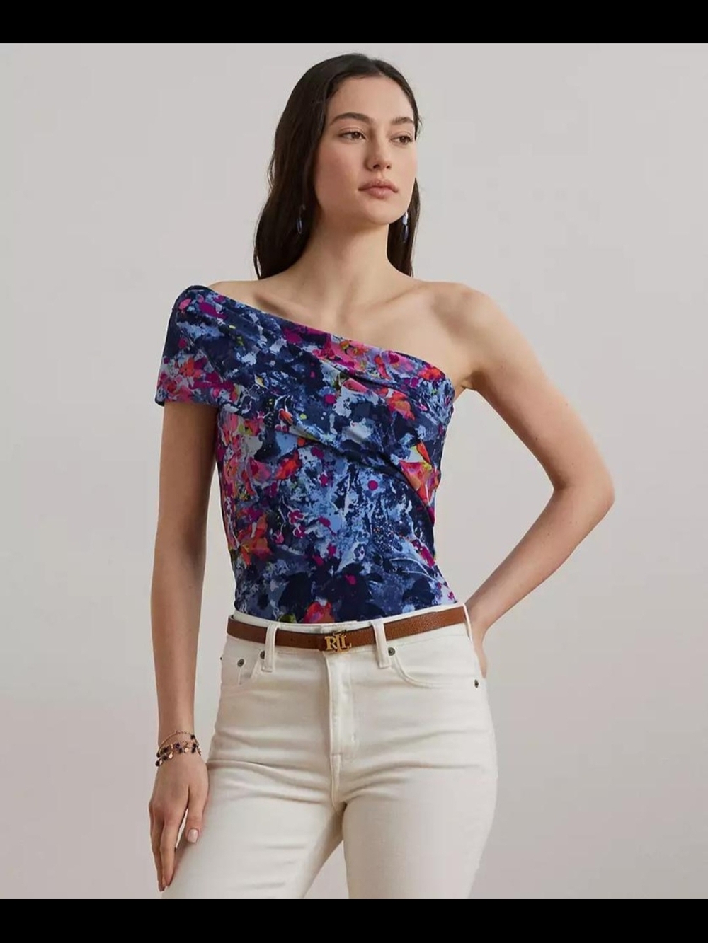 Lauren Ralph Lauren Women's Print Stretch Jersey One-Shoulder Top Size L #A1